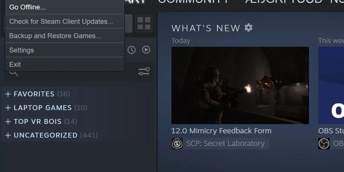 Menu Steam hiển thị tùy chọn "Go Offline" để chuyển sang chế độ ngoại tuyến