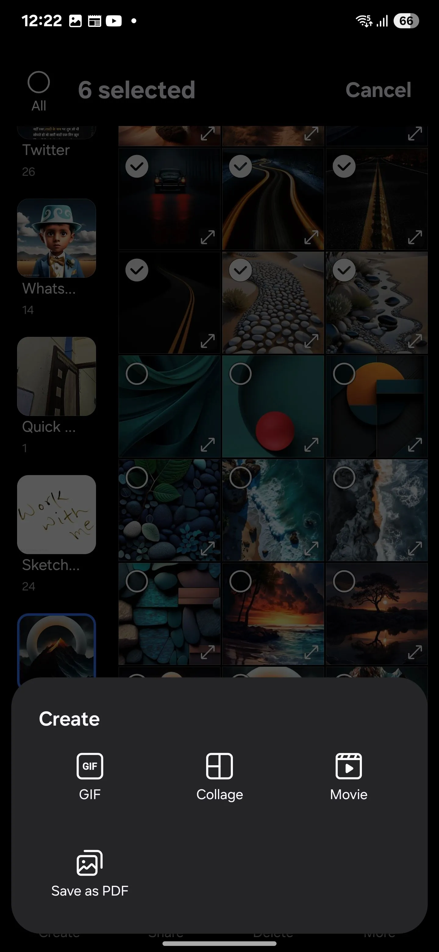 Menu Tạo (Create) trong Thư viện Samsung với các tùy chọn như GIF, Ghép ảnh, Phim và Lưu dưới dạng PDF.
