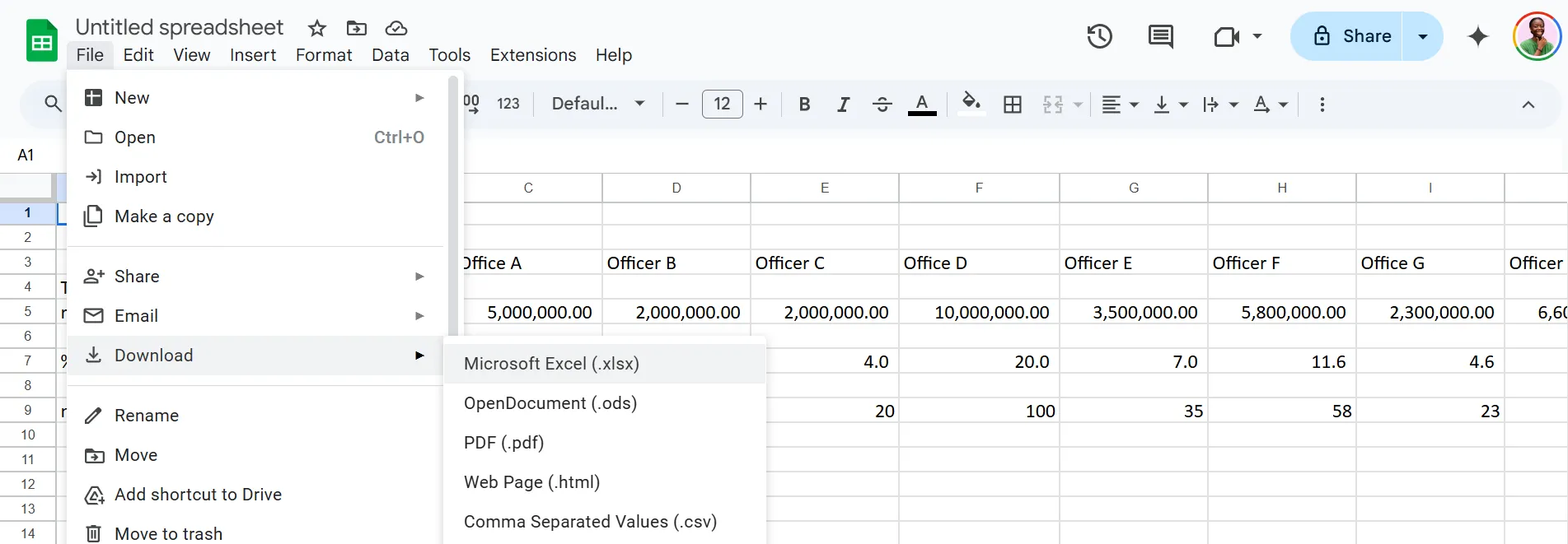 Menu Tệp trong Google Sheets hiển thị các tùy chọn tải xuống bảng tính dưới nhiều định dạng khác nhau, bao gồm Excel (.xlsx)