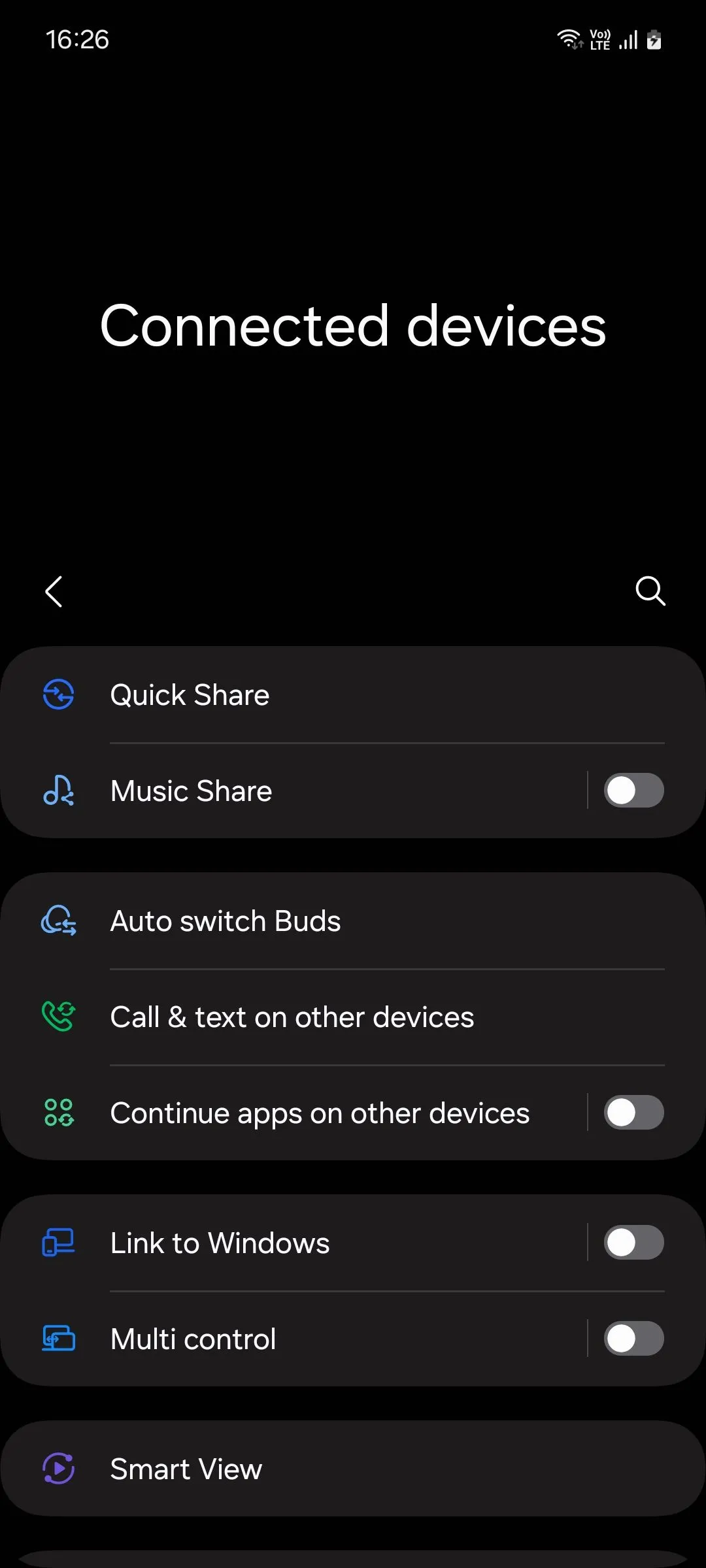 Menu Thiết bị đã kết nối trong Samsung One UI 6.1, cho phép bật hoặc tắt dịch vụ Tiếp tục ứng dụng trên các thiết bị khác (Continuity Service).
