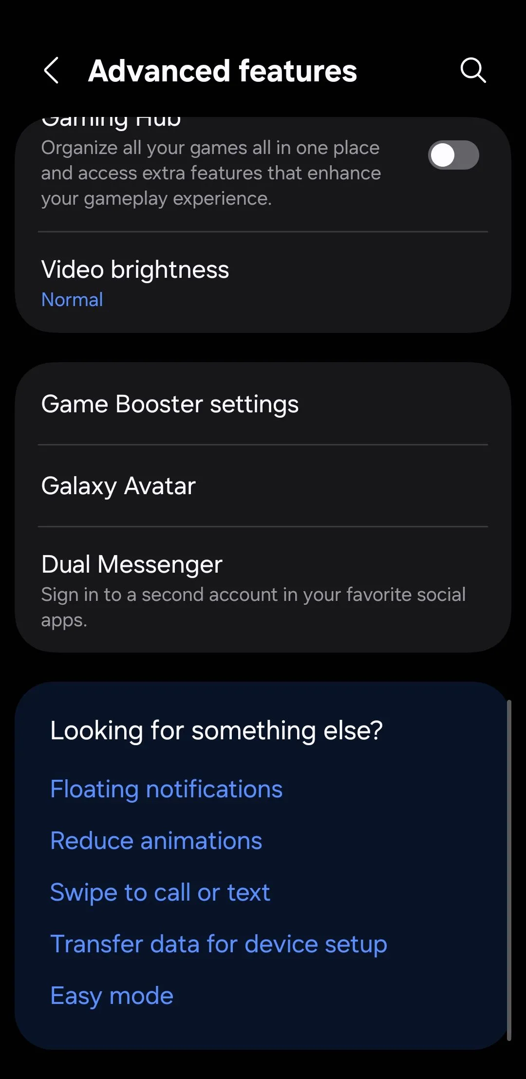 Menu tính năng nâng cao trong cài đặt điện thoại Samsung