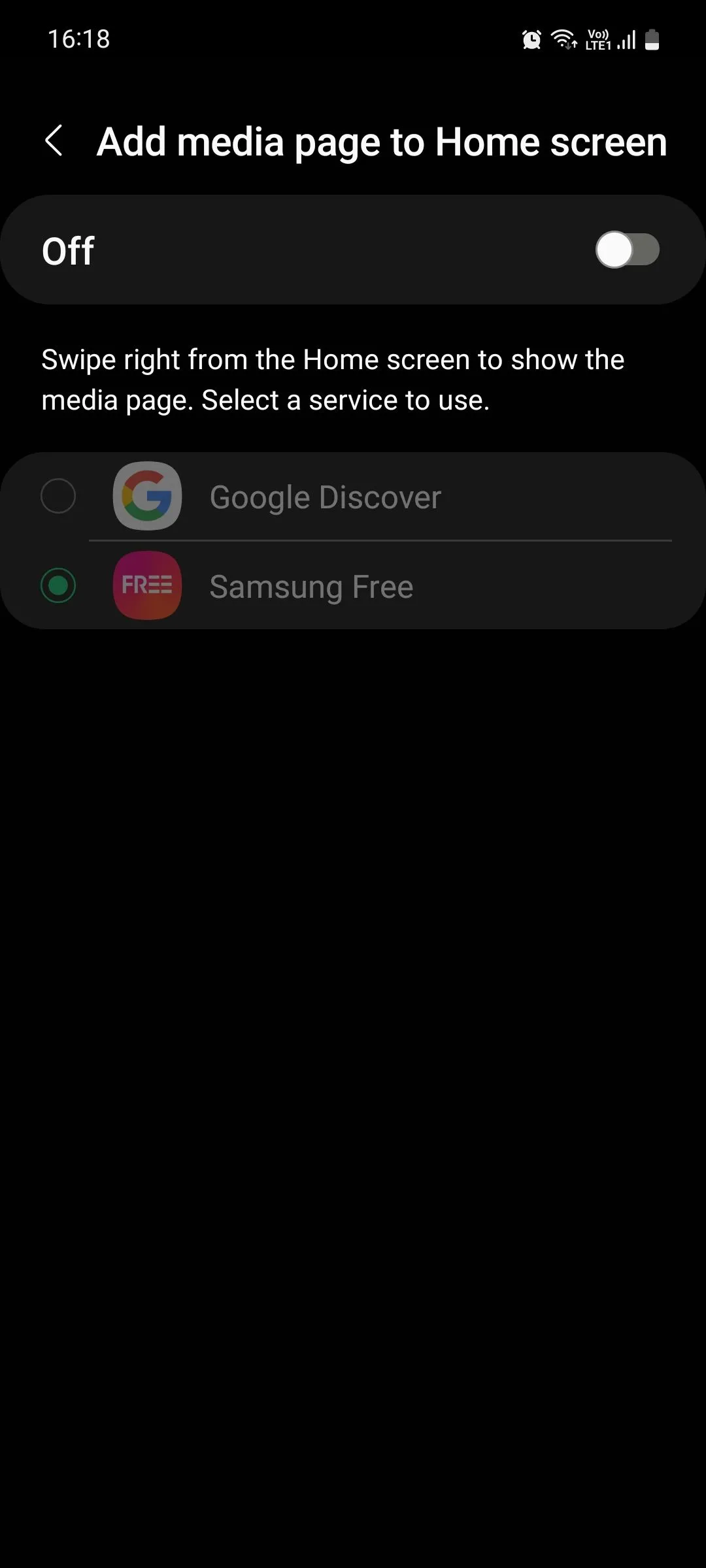 Menu trang phương tiện trong cài đặt Màn hình chờ của Samsung, hiển thị tùy chọn tắt trang Samsung Free.