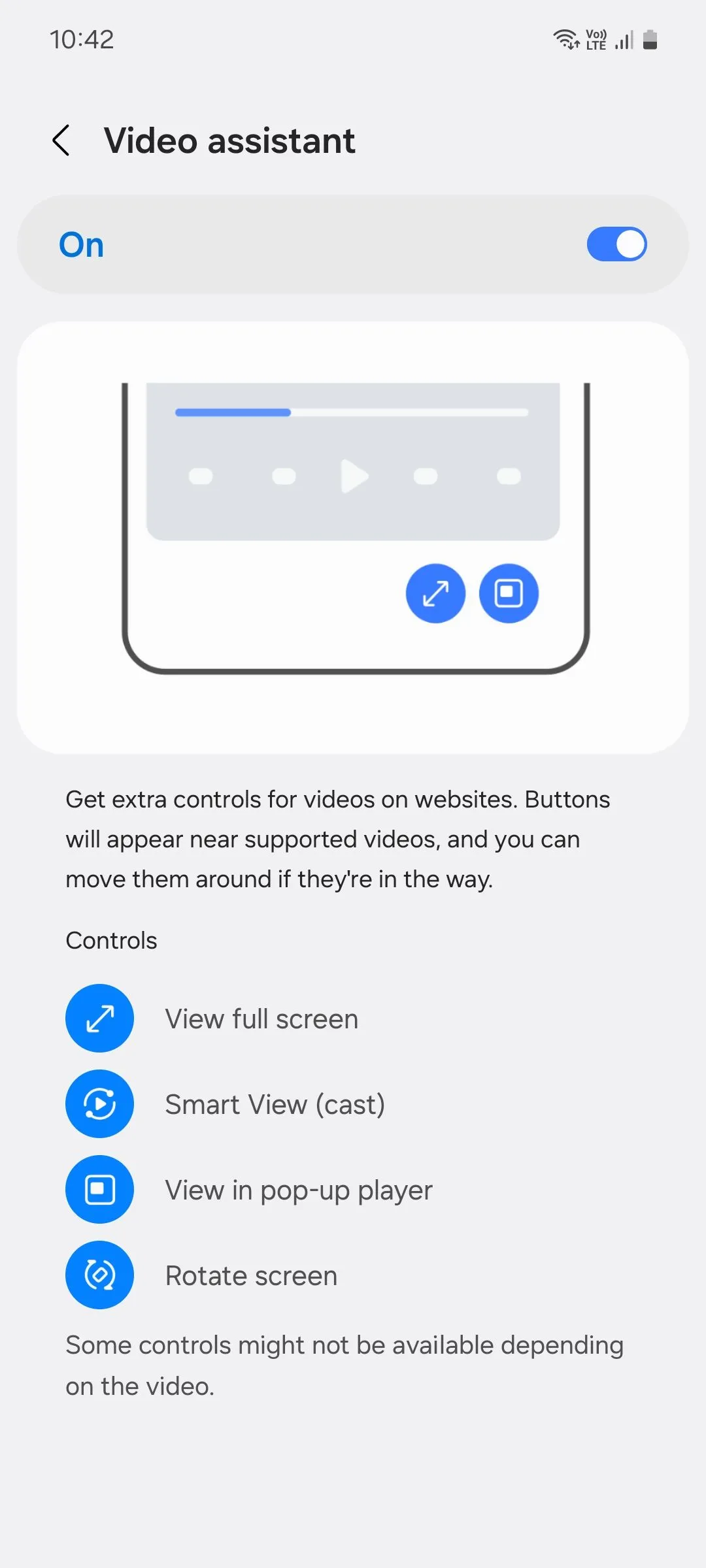Menu trợ lý video của Samsung Internet khi phát video trên trình duyệt