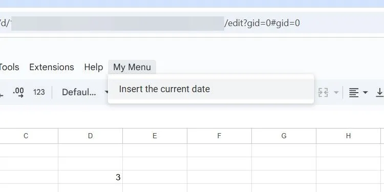 Menu tùy chỉnh "My Menu" với lựa chọn "Insert Current Date" được tạo trong Google Sheets thông qua Google Apps Script.