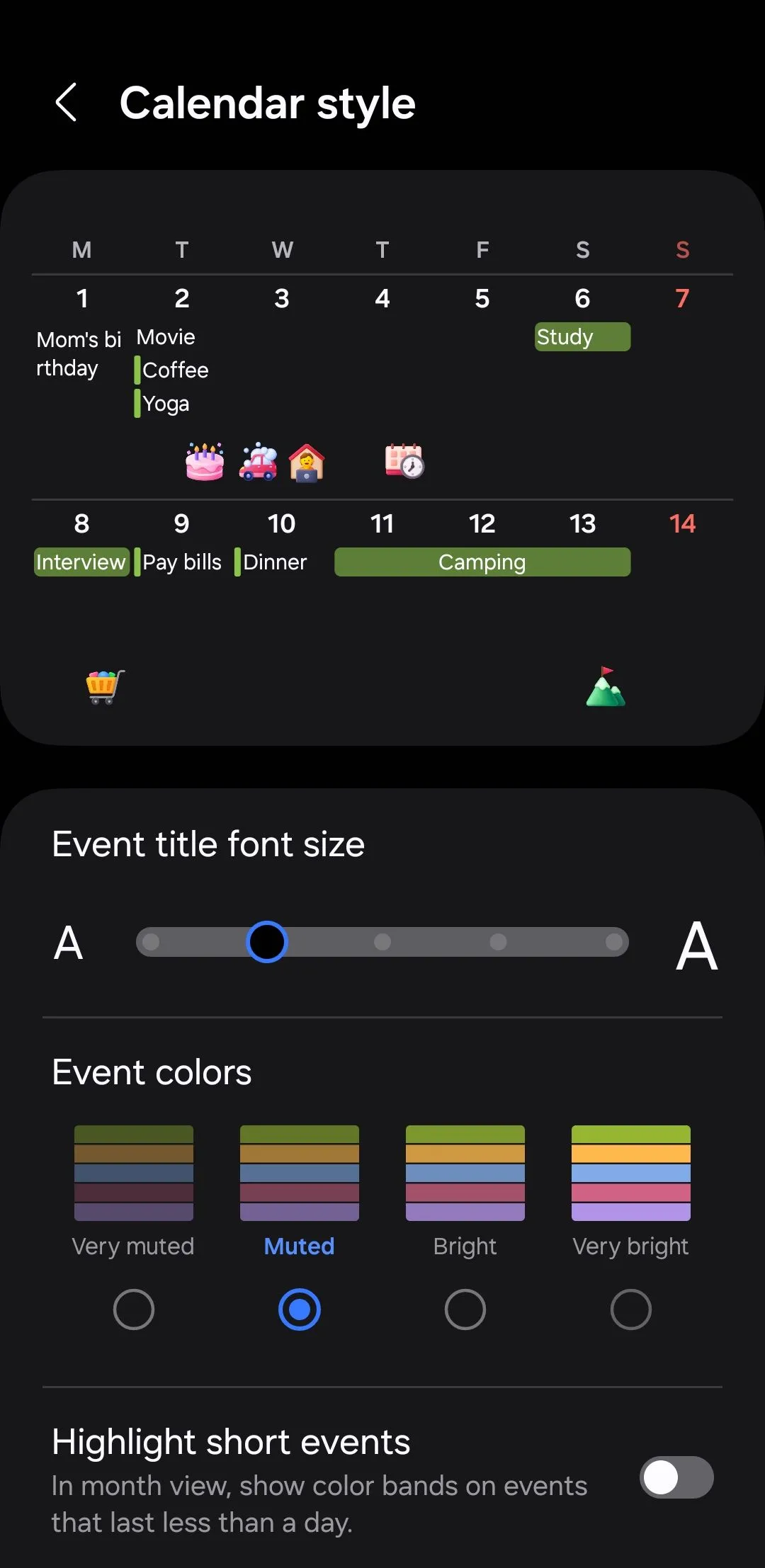 Menu tùy chỉnh phong cách lịch trong ứng dụng Lịch Samsung