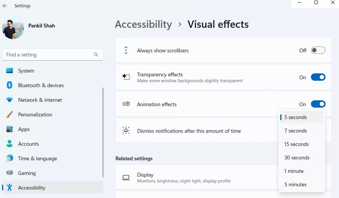 Menu tùy chỉnh thời gian tự động tắt biểu ngữ thông báo trên Windows 11
