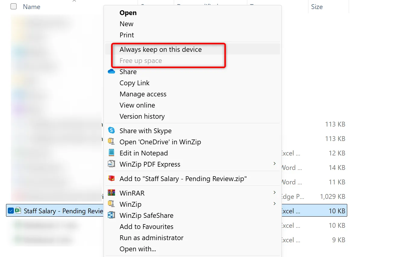 Menu tùy chọn của OneDrive trong File Explorer, cho phép người dùng chọn giữ tệp chỉ trực tuyến hoặc tải xuống thiết bị để tiết kiệm dung lượng lưu trữ.