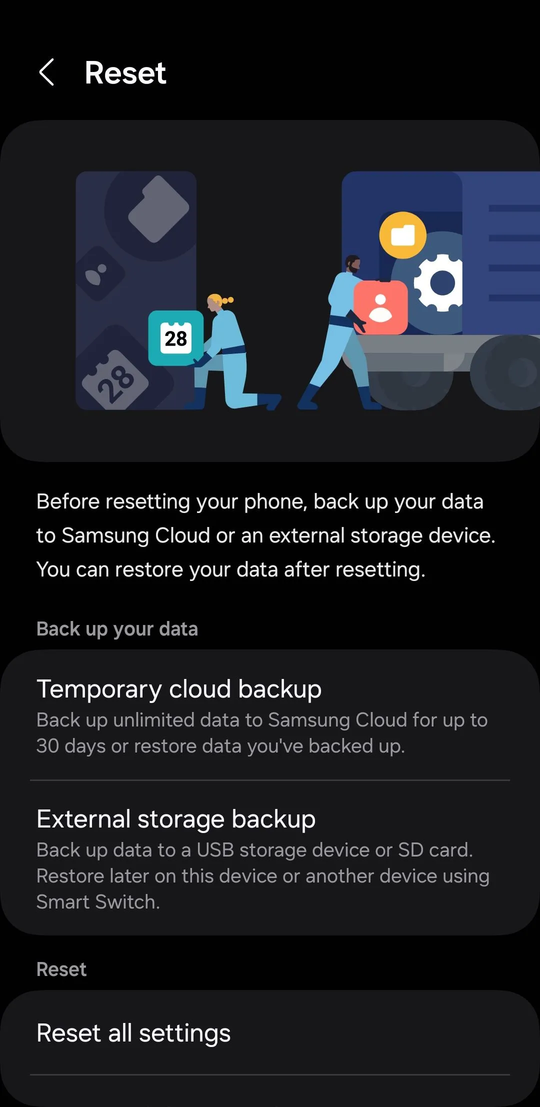 Menu tùy chọn Đặt lại (Reset) trên điện thoại Samsung One UI