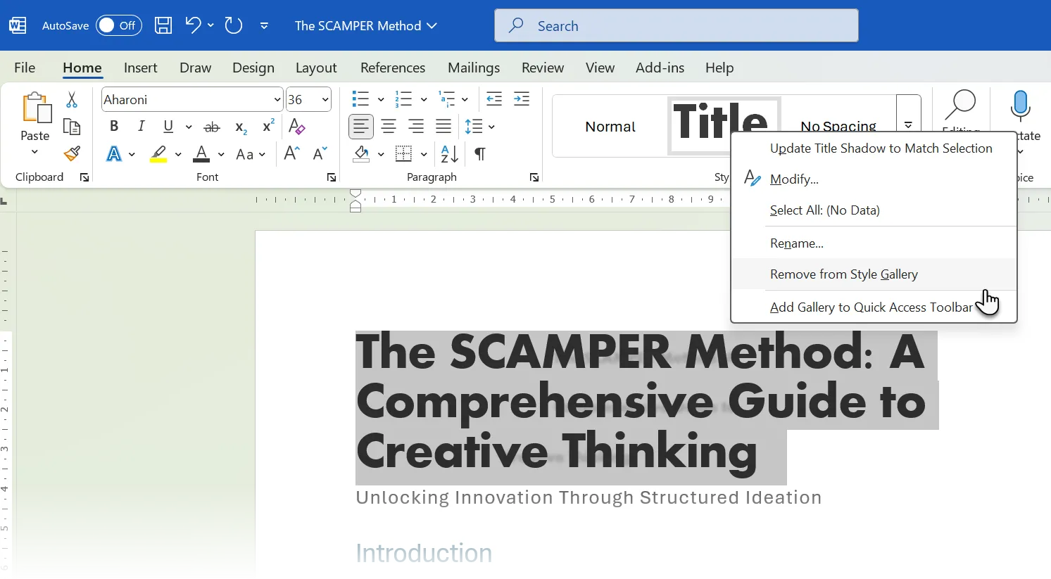 Menu tùy chọn khi xóa một Style khỏi Styles Gallery trên thanh công cụ ribbon của Microsoft Word.