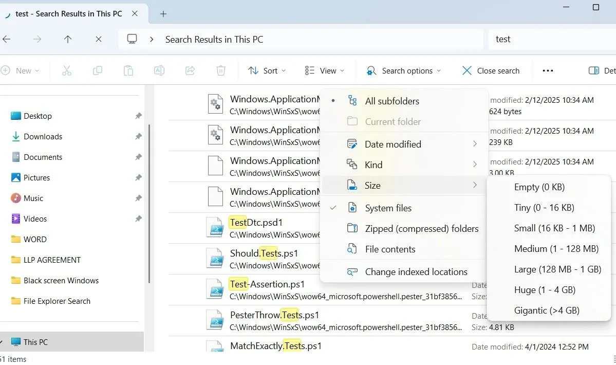 Menu tùy chọn tìm kiếm nâng cao trong File Explorer trên Windows