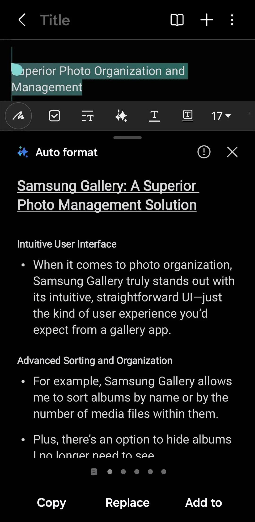 Menu tùy chọn tự động định dạng Note Assist trong ứng dụng Samsung Notes của Galaxy AI