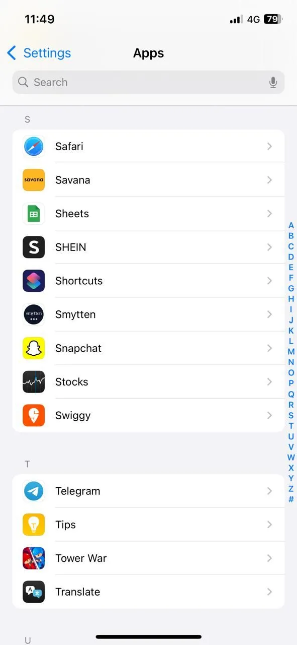 Menu ứng dụng trong cài đặt chung của iPhone