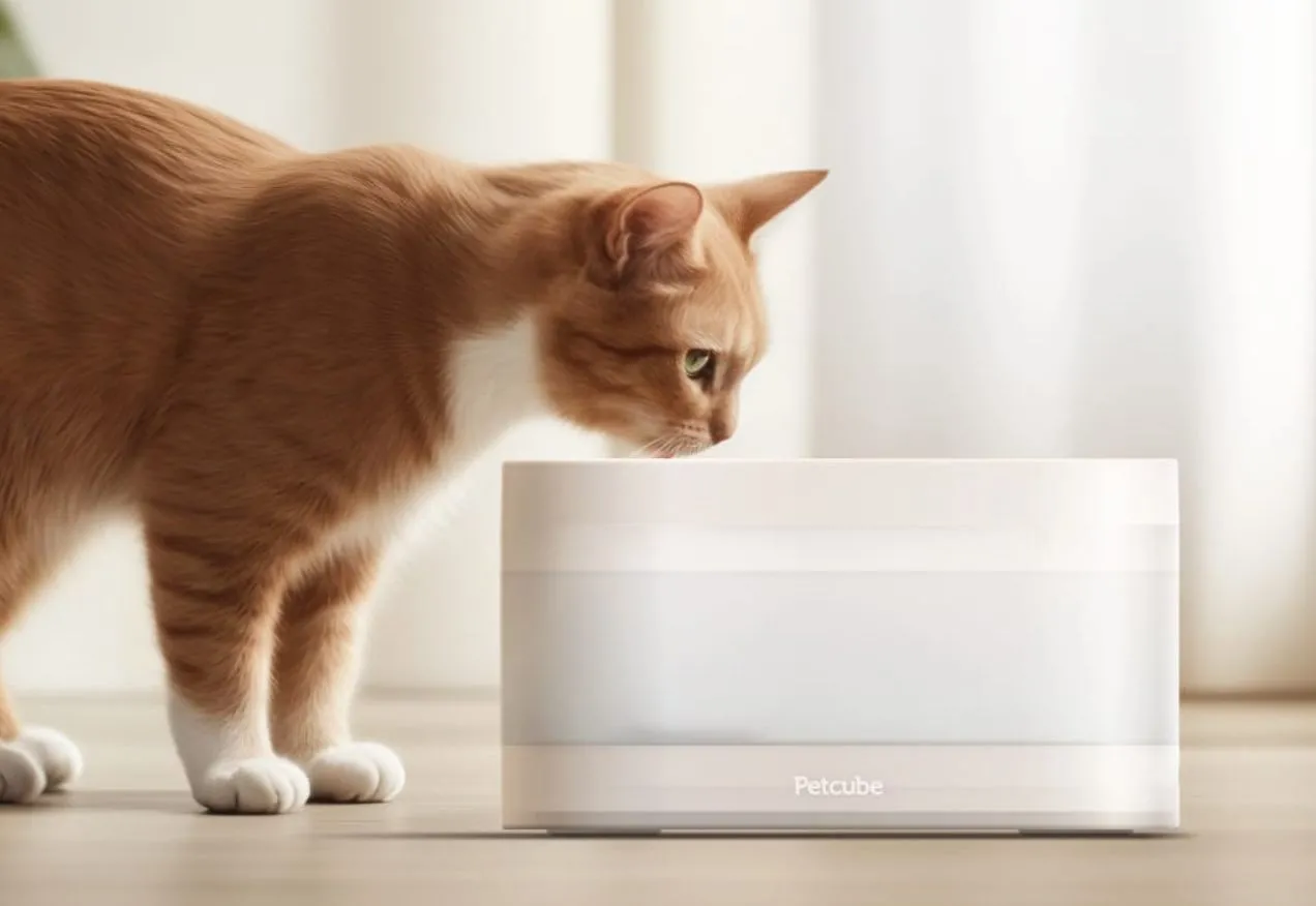 Mèo đang uống nước từ đài phun nước thông minh Petcube Filtered Pet Fountain với hệ thống lọc