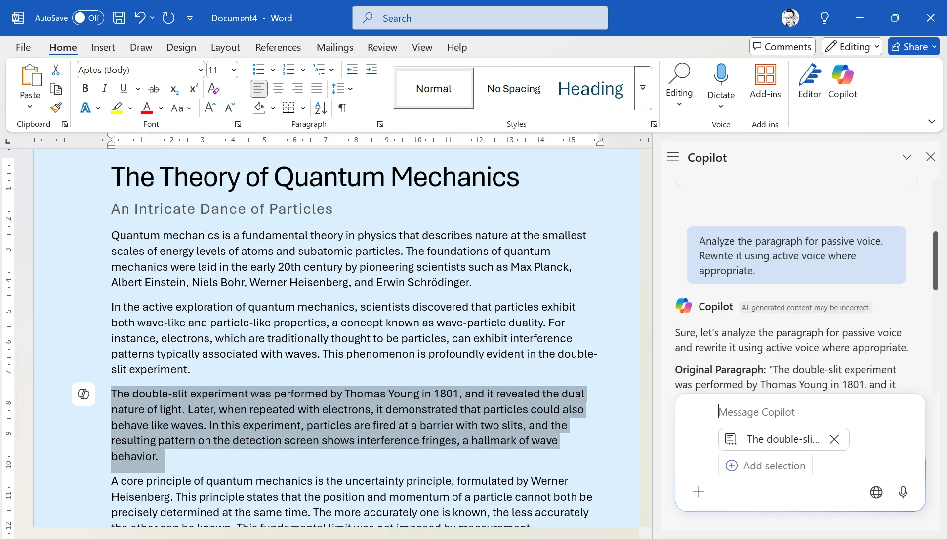 Microsoft Copilot trong Word minh họa việc chuyển đổi văn bản từ giọng bị động sang giọng chủ động.