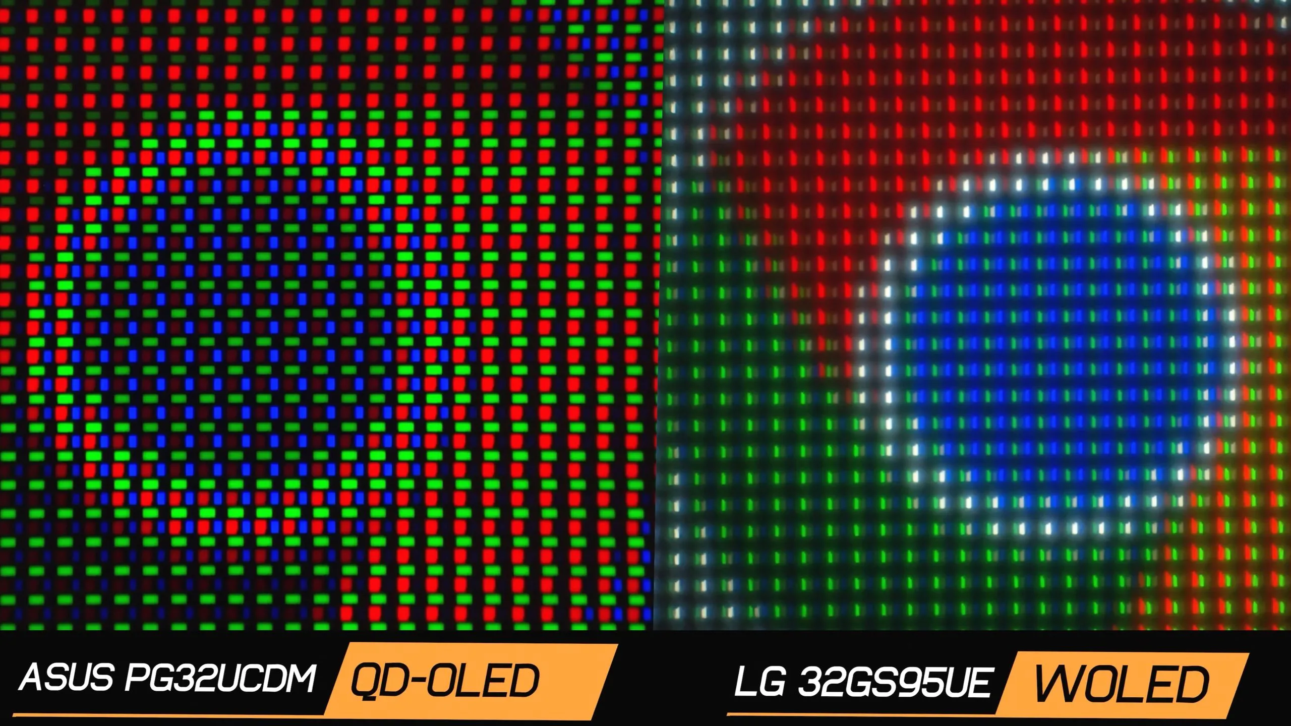 Minh họa các bố cục điểm ảnh phụ OLED khác nhau trên màn hình Asus và LG