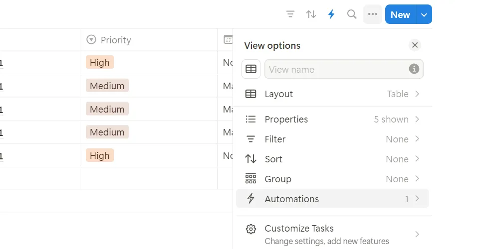Minh họa các tùy chọn của một cơ sở dữ liệu liên kết trong Notion, bao gồm mục &quot;Automation&quot; để thiết lập các quy trình tự động.