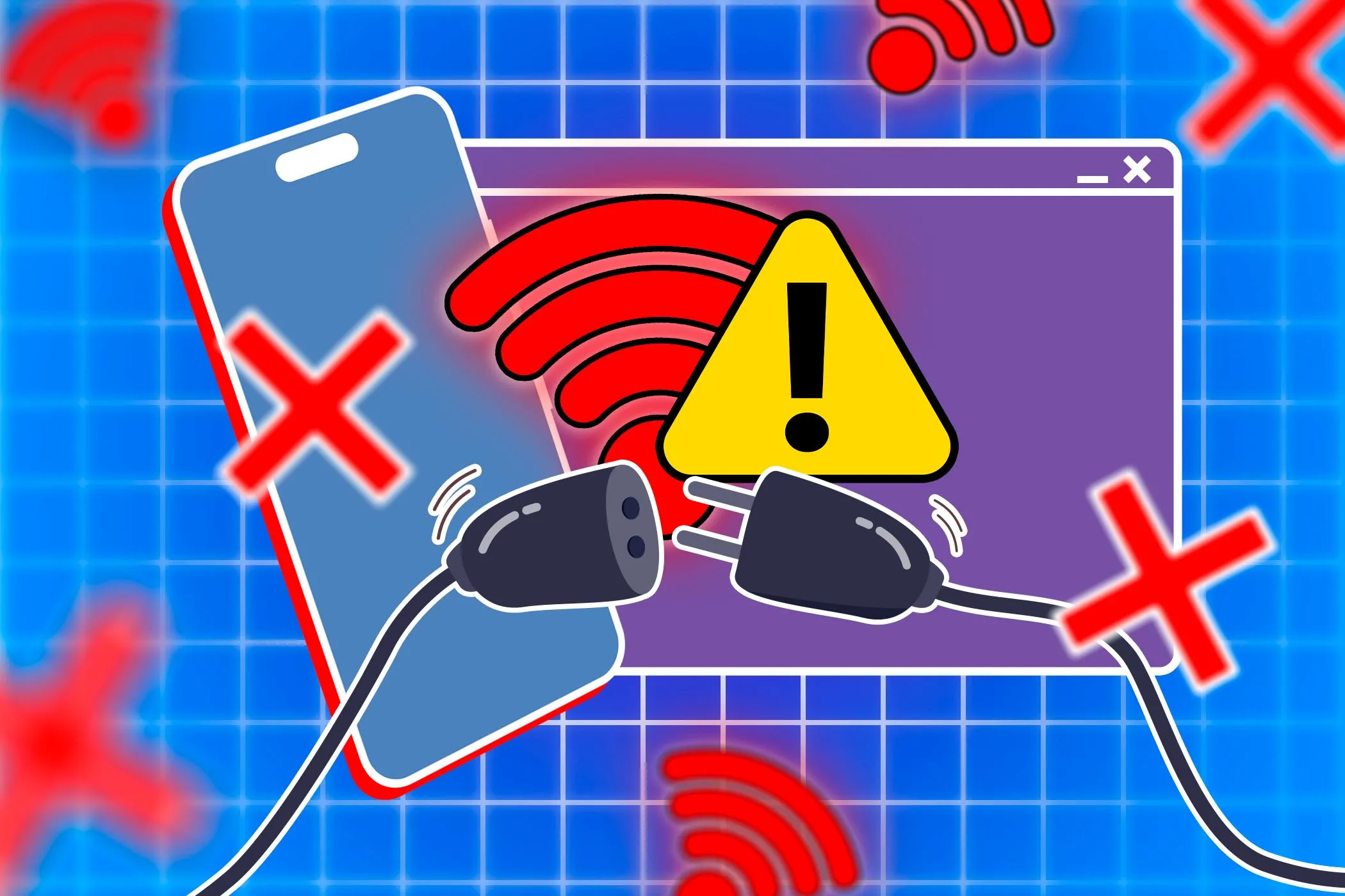 Minh họa điện thoại thông minh và cửa sổ trình duyệt với biểu tượng Wi-Fi và cảnh báo, thể hiện việc kết nối internet khi gặp sự cố hoặc sử dụng kế hoạch dự phòng