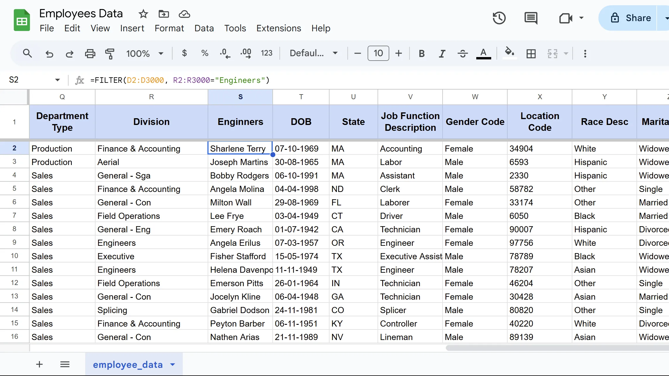 Minh họa hàm FILTER trong Google Sheets trích xuất danh sách nhân viên thuộc phòng &quot;Engineers&quot; từ dữ liệu gốc.