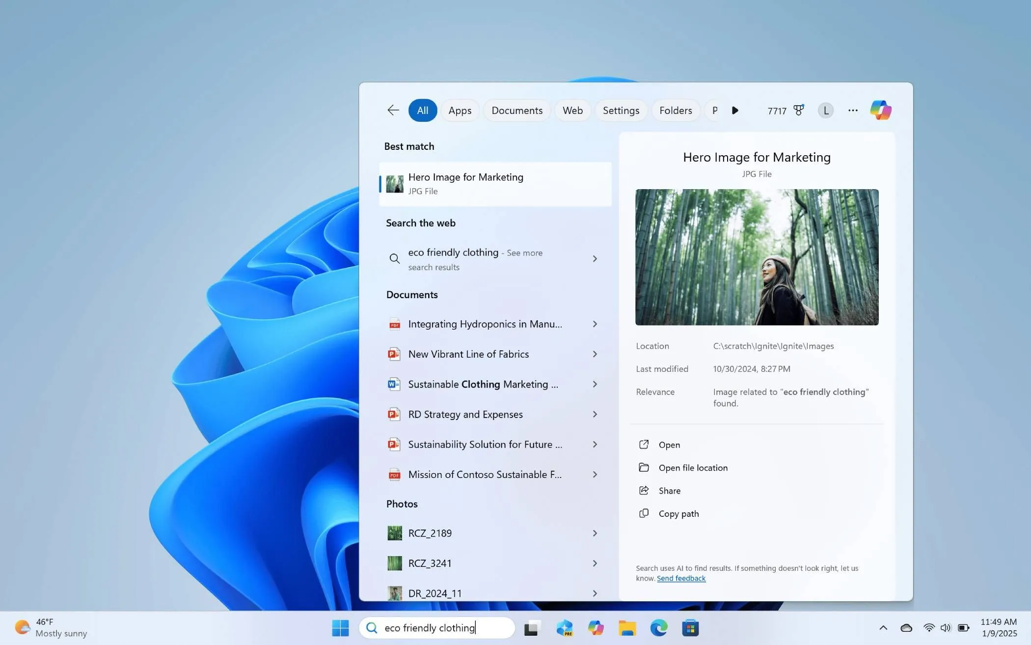 Minh họa khả năng tìm kiếm nâng cao của Windows 11 với truy vấn &quot;quần áo thân thiện môi trường&quot;