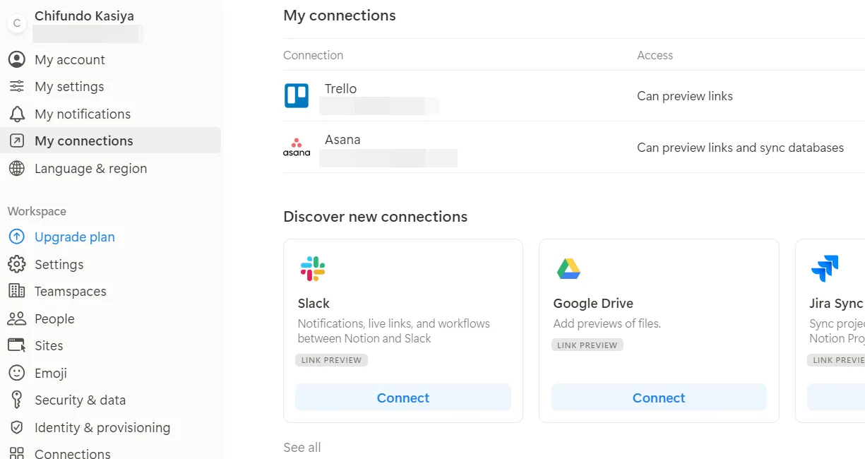 Minh họa tab &quot;My connections&quot; (Kết nối của tôi) trong cài đặt Notion, hiển thị danh sách các tích hợp có sẵn và tùy chọn để kết nối với Slack.
