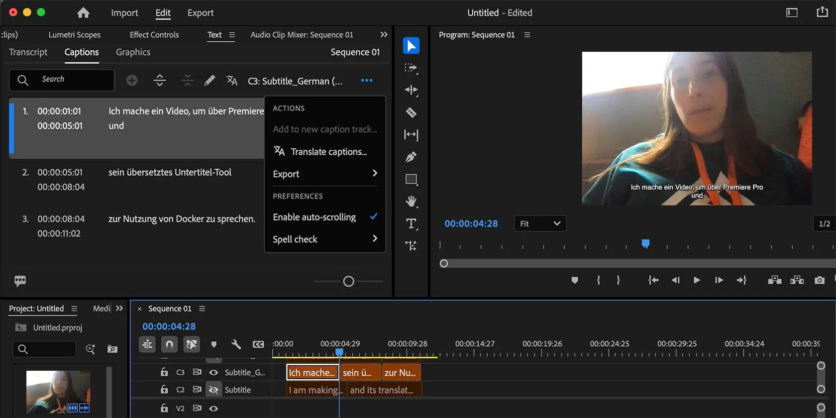 Minh họa tính năng dịch phụ đề tự động bằng AI của Premiere Pro, cho phép chuyển đổi ngôn ngữ nhanh chóng.
