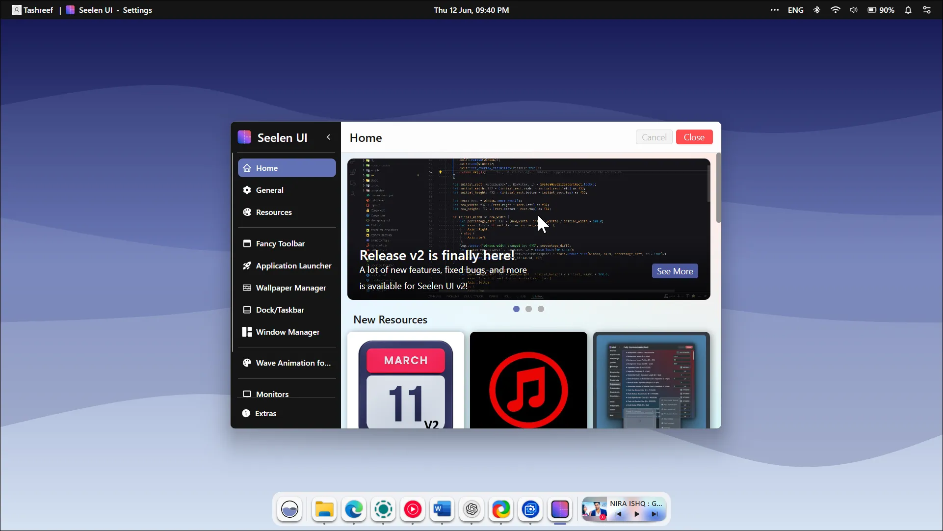 Môi trường desktop Seelen UI đang chạy trên nền Windows, hiển thị dock và thanh menu kiểu macOS