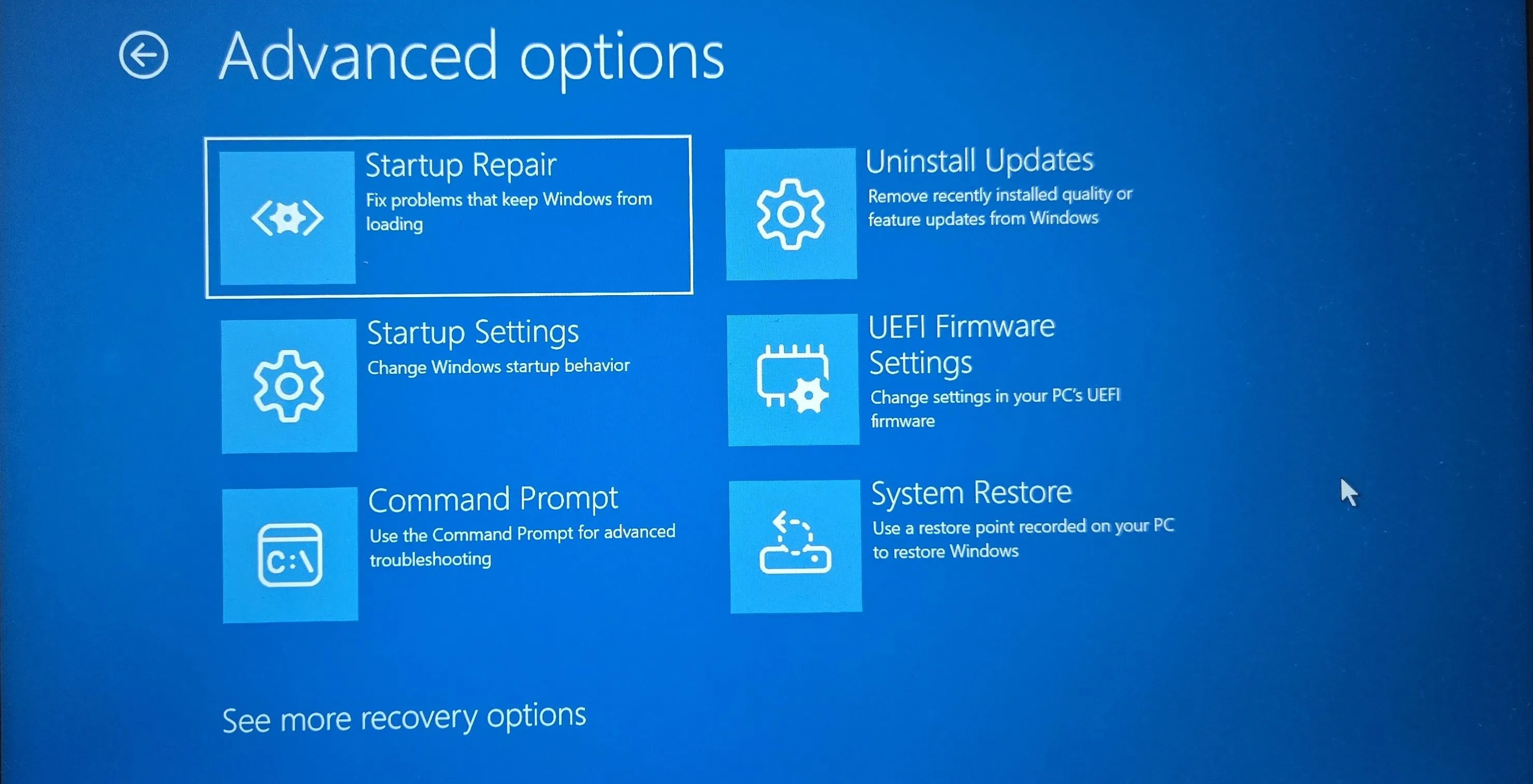 Môi trường khôi phục Windows (WinRE) với các tùy chọn nâng cao để sửa lỗi