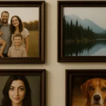Một bức tường có bốn khung ảnh gỗ, trưng bày chân dung gia đình, hồ núi, chân dung phụ nữ và cận cảnh chó beagle.