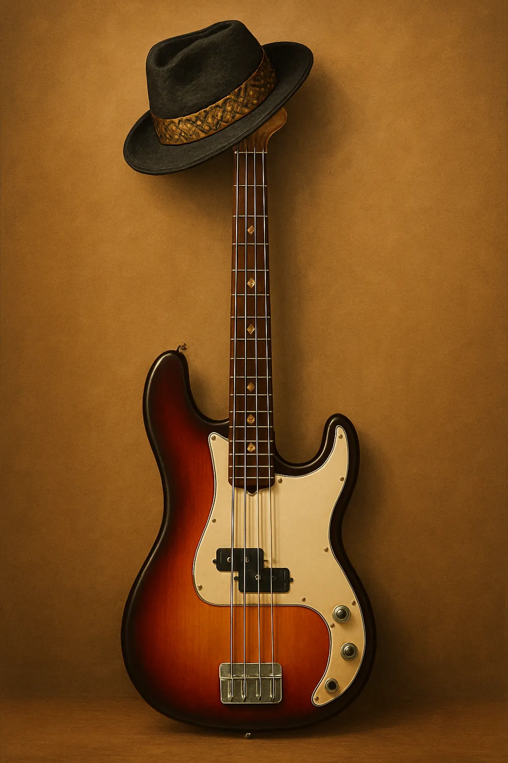 Một cây đàn bass với chiếc mũ phớt đen thời trang đặt trên cần đàn, tạo dáng chuyên nghiệp.