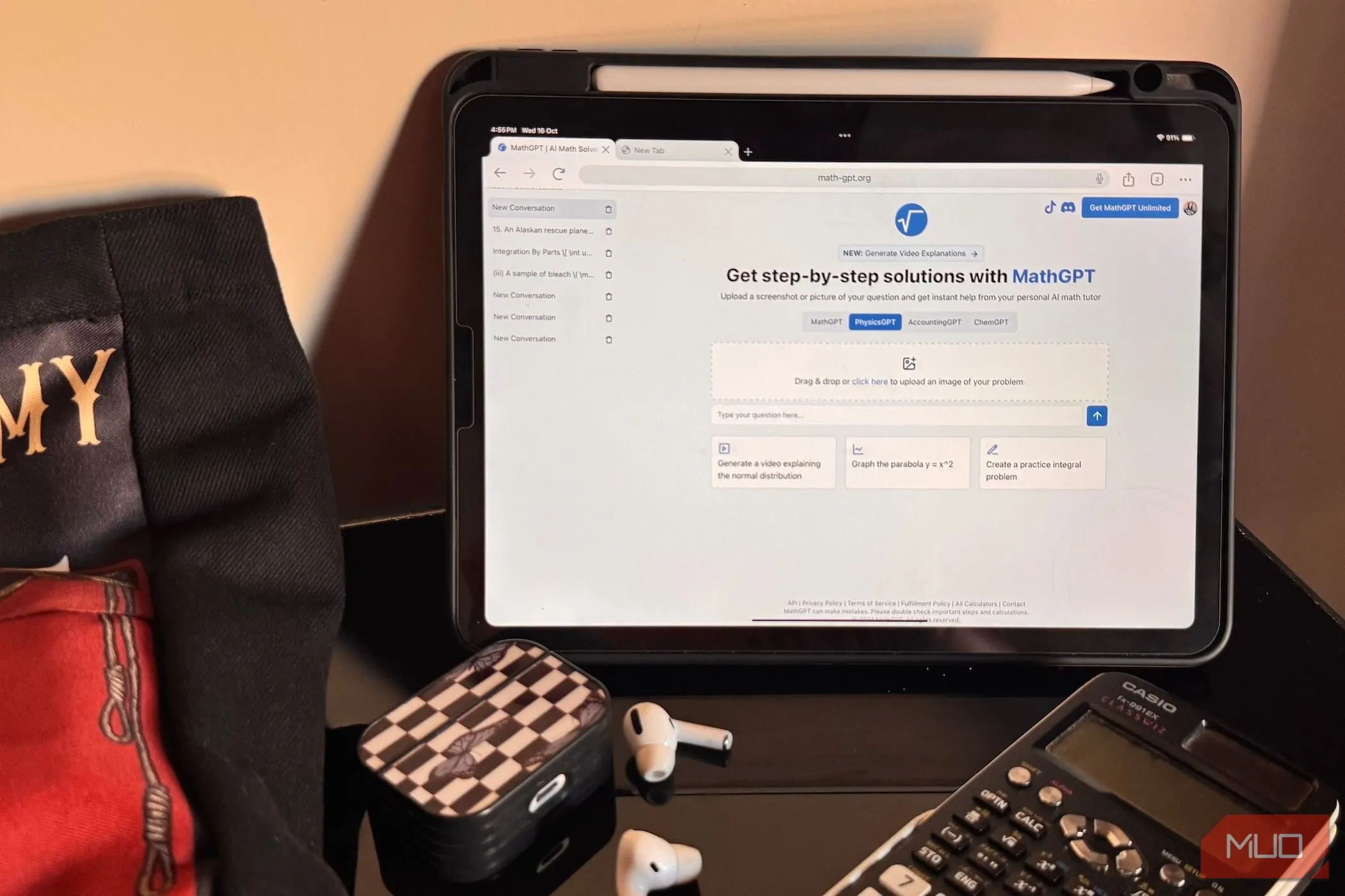 Một chiếc iPad đang hiển thị trang web MathGPT, đặt cạnh tai nghe AirPods và máy tính Casio, tượng trưng cho việc sử dụng iPad trong nhiều bối cảnh khác nhau, nhưng gặp hạn chế về không gian làm việc cố định.