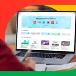 Một người đang học bằng máy tính xách tay với Chrome Web Store mở, biểu tượng cảnh báo an ninh mạng.