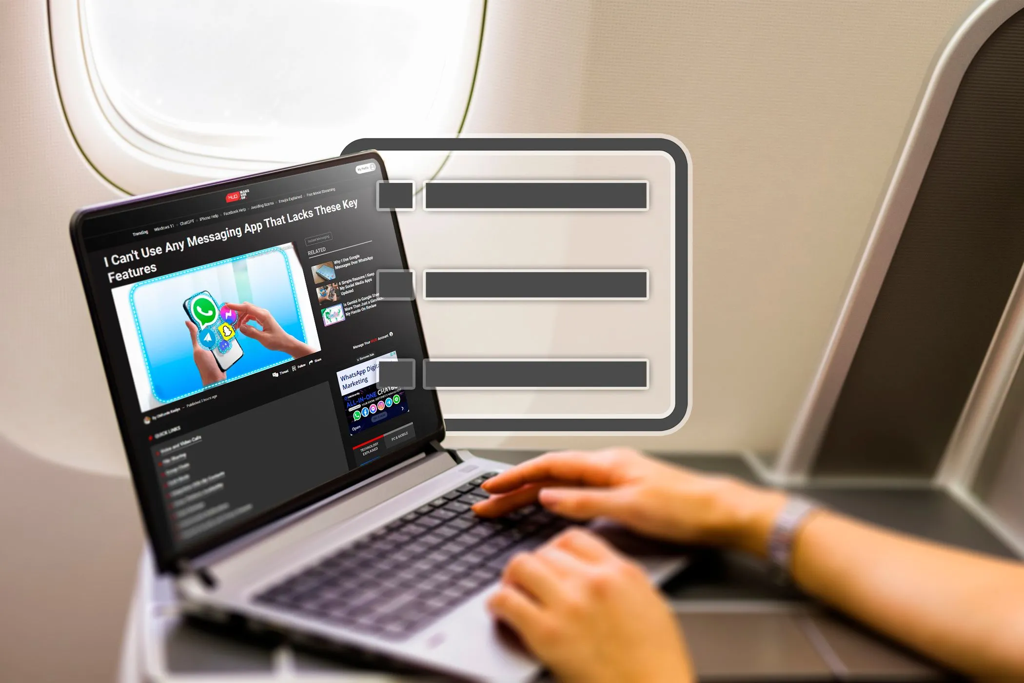 Một người đang sử dụng laptop trên máy bay với biểu tượng Danh Sách Đọc