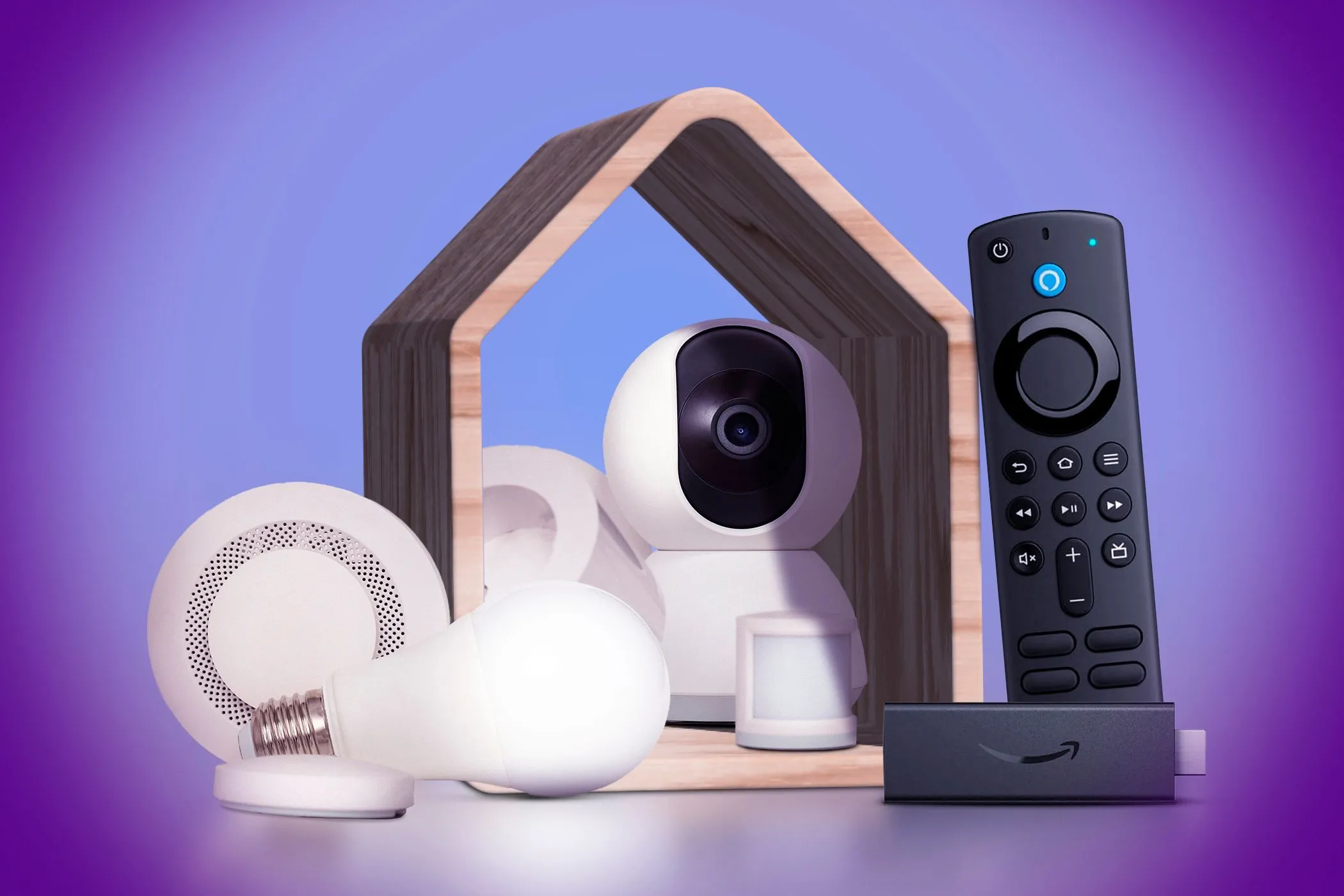 Một số thiết bị nhà thông minh (IoT) điển hình như camera an ninh, bóng đèn thông minh và bộ điều khiển, minh họa tầm quan trọng của bảo mật Wi-Fi 7.