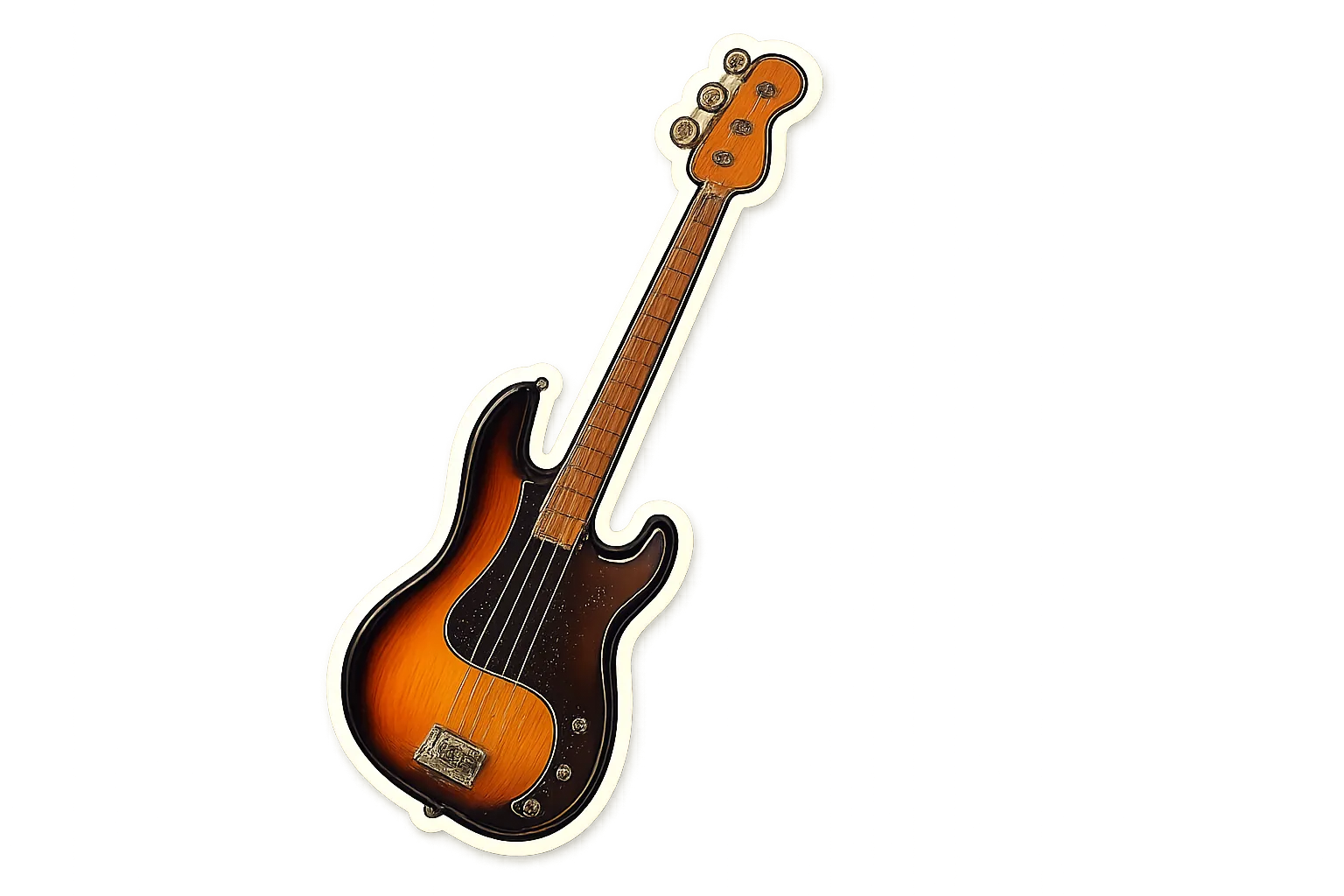 Một thiết kế sticker cắt khuôn của cây đàn bass điện sunburst với đường viền đậm.