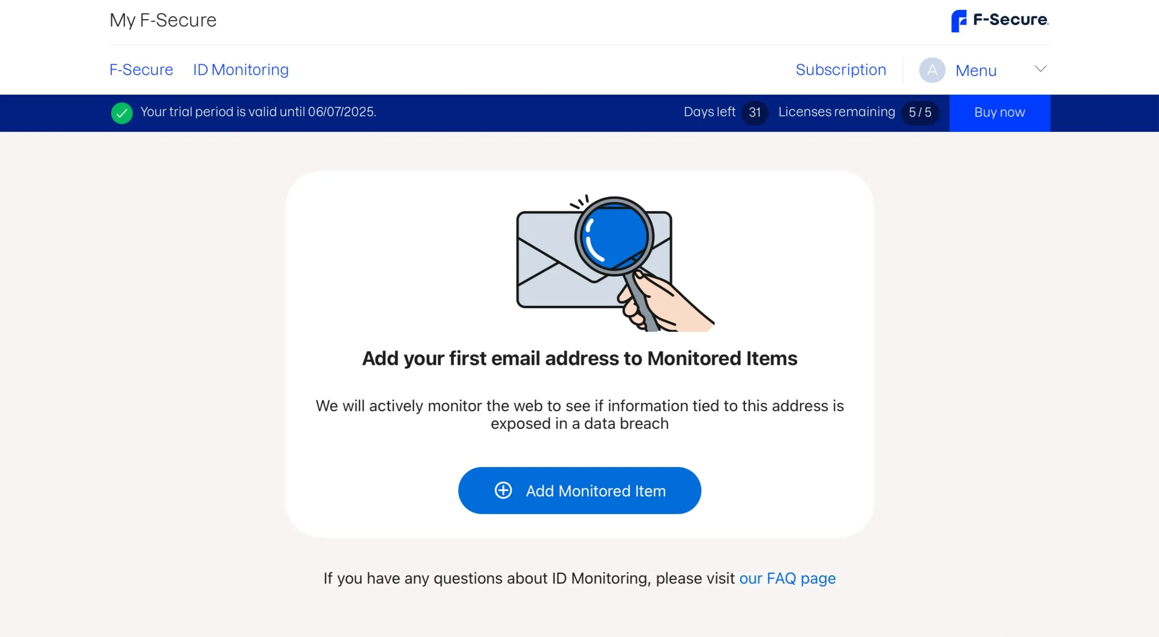 Mục Giám sát ID trong F-Secure ID Protection để thêm thông tin cần theo dõi