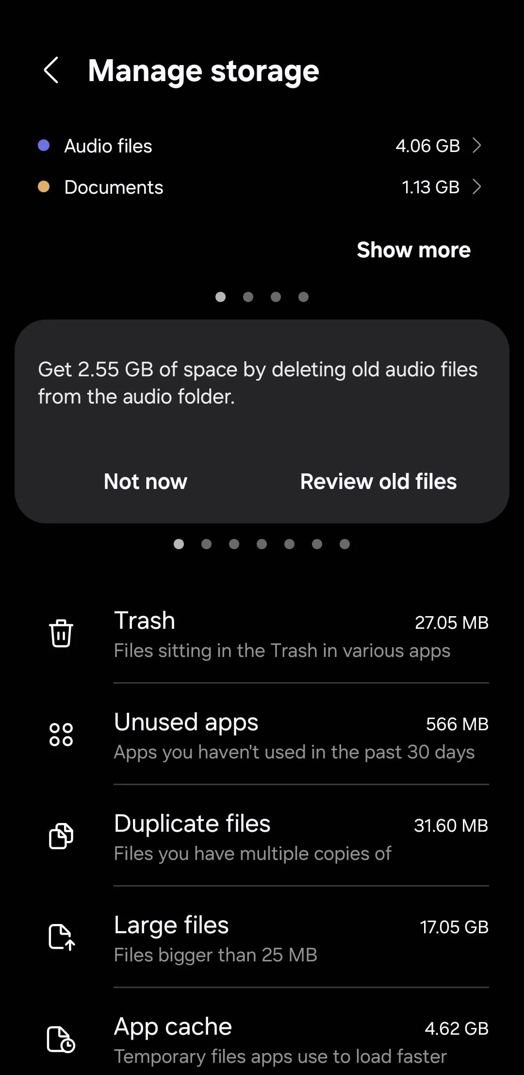 Mục Tệp trùng lặp trong cài đặt Bộ nhớ của điện thoại Samsung One UI