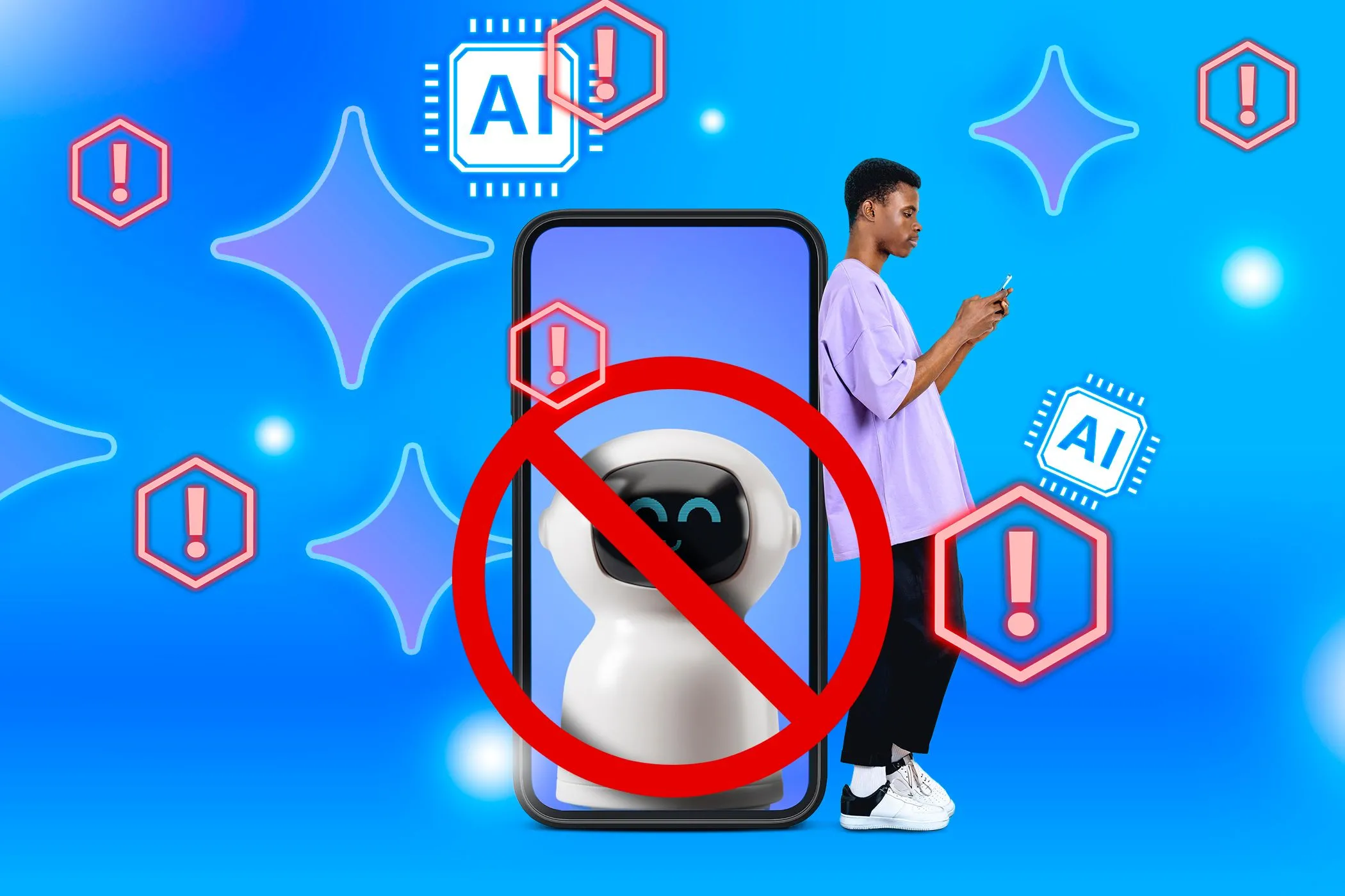 Người đàn ông dùng điện thoại cạnh màn hình khổng lồ với robot và biểu tượng cấm, thể hiện những hạn chế và thách thức của AI agents.