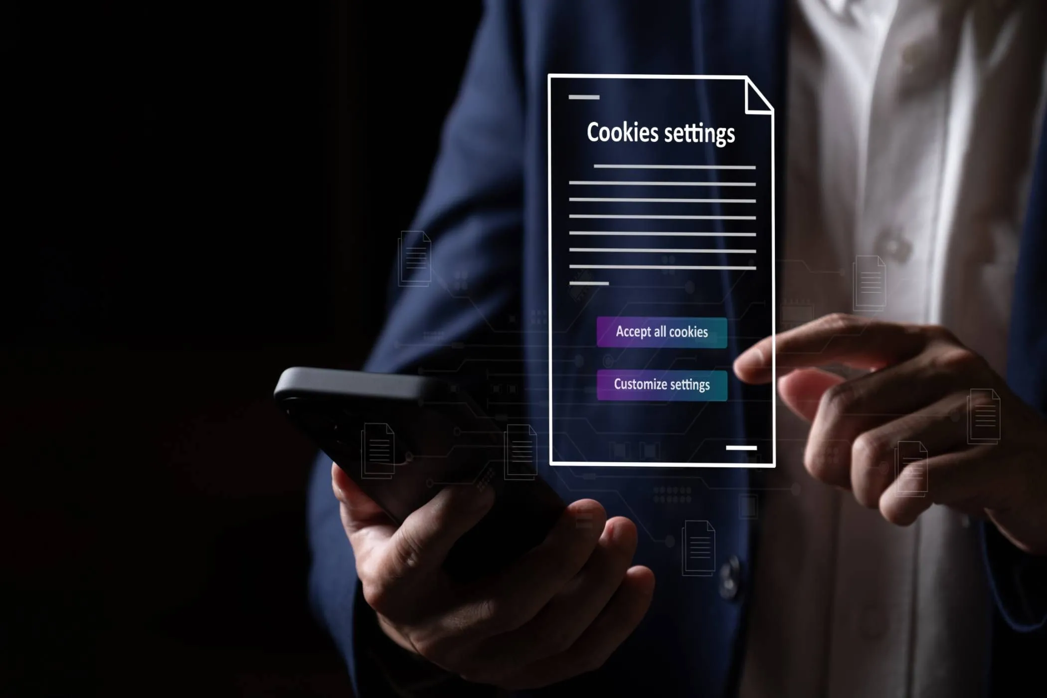 Người dùng Android đang xem xét các tùy chọn chấp nhận hoặc từ chối cookie trên màn hình điện thoại di động