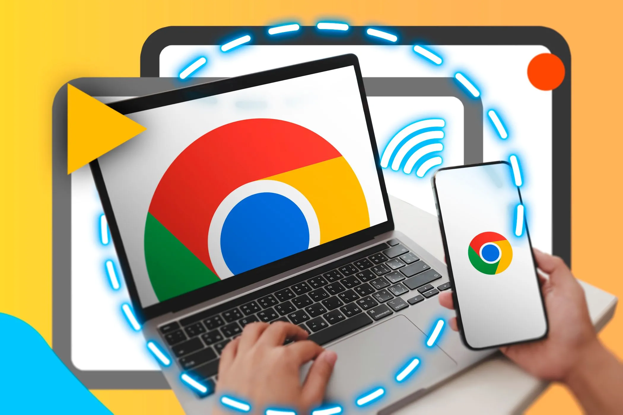 Người dùng đang cầm điện thoại thông minh cùng máy tính xách tay với logo Google Chrome, biểu thị khả năng đồng bộ dữ liệu trình duyệt giữa các thiết bị, một tính năng quan trọng trong đánh giá hiệu suất trình duyệt.