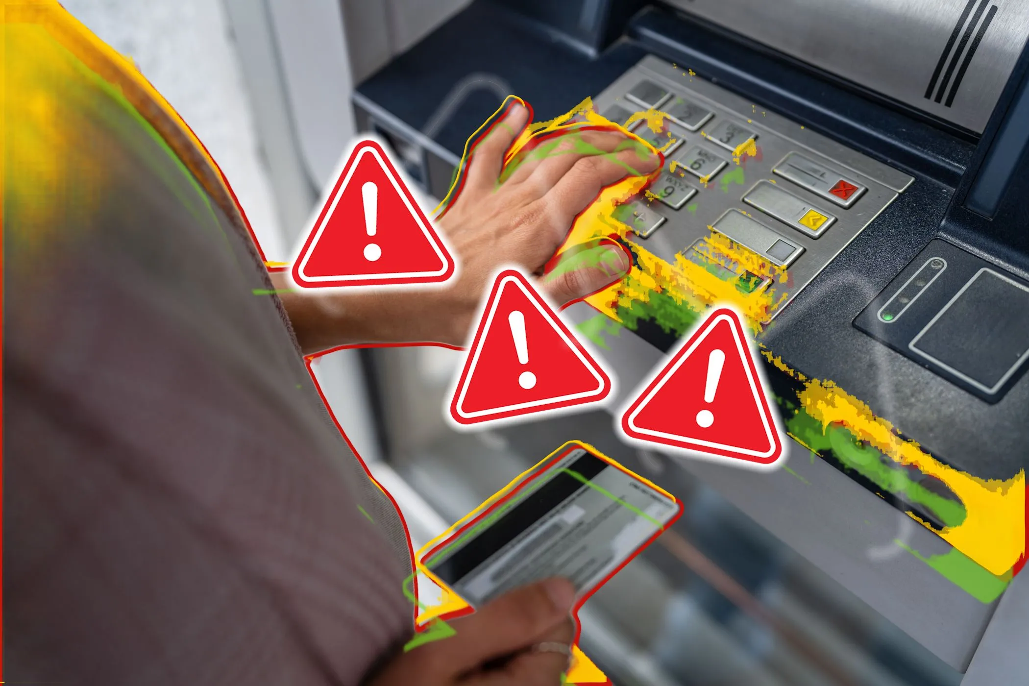 Người dùng đang thao tác với thẻ tín dụng tại cây ATM cùng với các biển cảnh báo nguy hiểm, thể hiện rủi ro lừa đảo thẻ tín dụng.