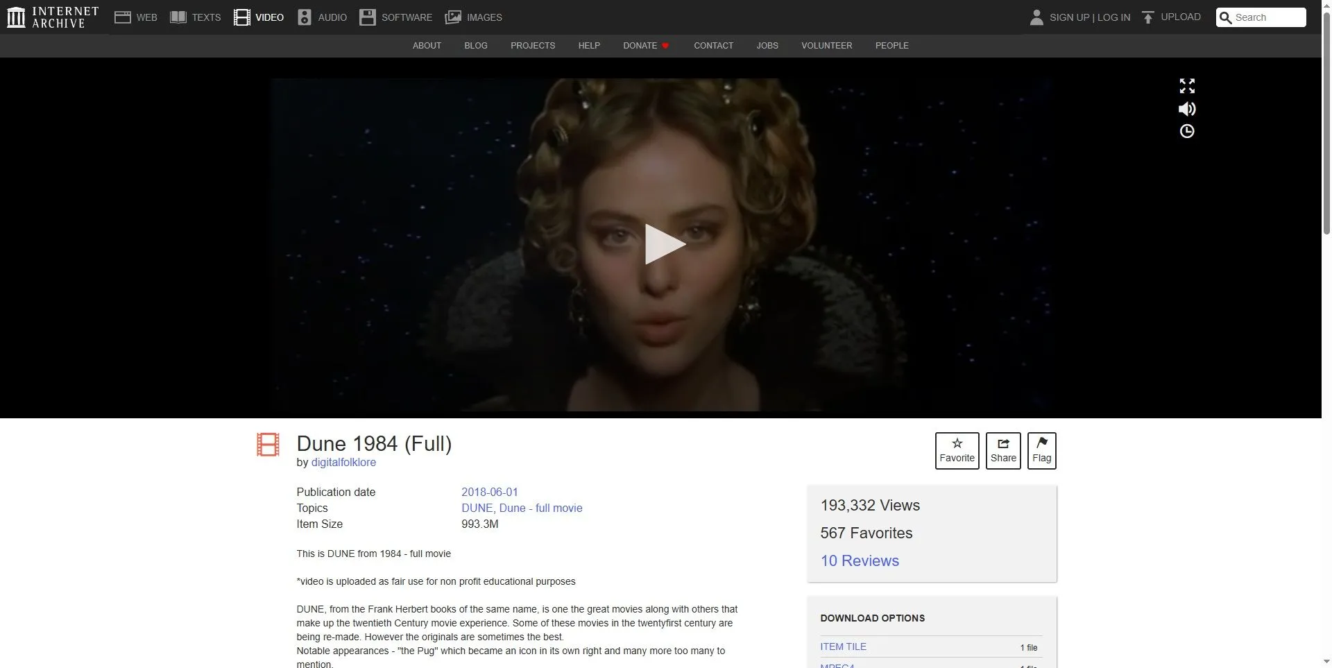 Người dùng đang xem phim &quot;Dune 1984&quot; trên nền tảng Internet Archive