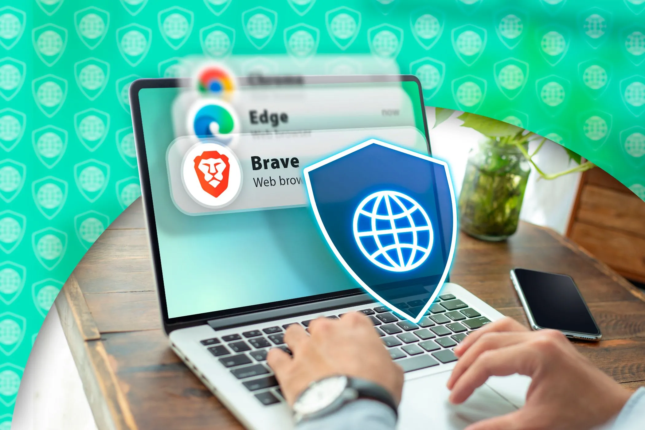 Người dùng làm việc trên laptop với các biểu tượng trình duyệt và biểu tượng bảo mật, minh họa tầm quan trọng của việc cập nhật trình duyệt thường xuyên.