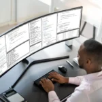 Người dùng làm việc trên màn hình ultrawide lớn, tương phản với xu hướng màn hình 4K cỡ nhỏ.