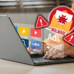 Người dùng máy tính xách tay với biểu tượng cảnh báo malware, minh họa nguy cơ backdoor