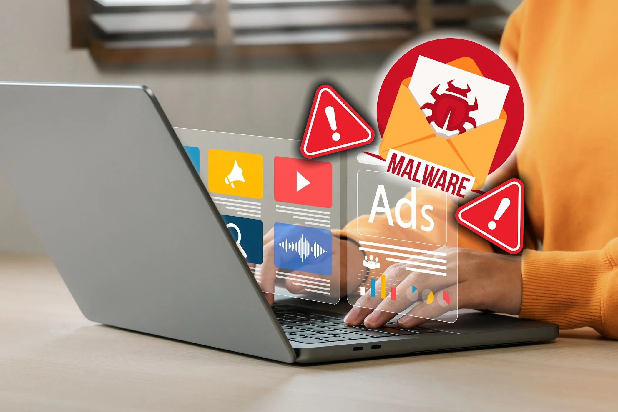 Người dùng máy tính xách tay với biểu tượng cảnh báo malware, minh họa nguy cơ backdoor