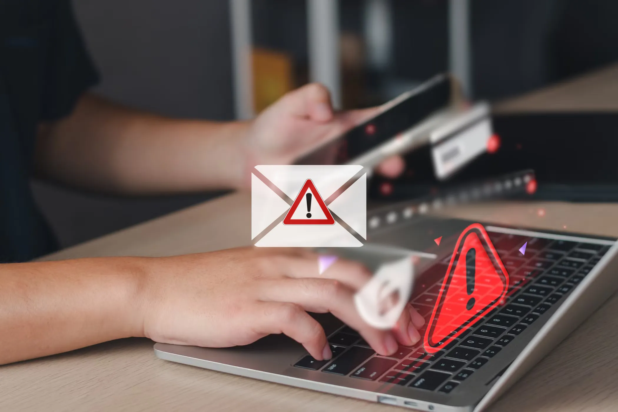 Người dùng tương tác với laptop, nền là biểu tượng email lừa đảo, nhấn mạnh tầm quan trọng của việc khóa thiết bị để bảo vệ mật khẩu.