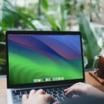 Người phụ nữ đang gõ phím trên MacBook Air, thể hiện hành động nghiên cứu thông tin chi tiết về một công ty hoặc dự án trực tuyến để xác minh tính hợp pháp.