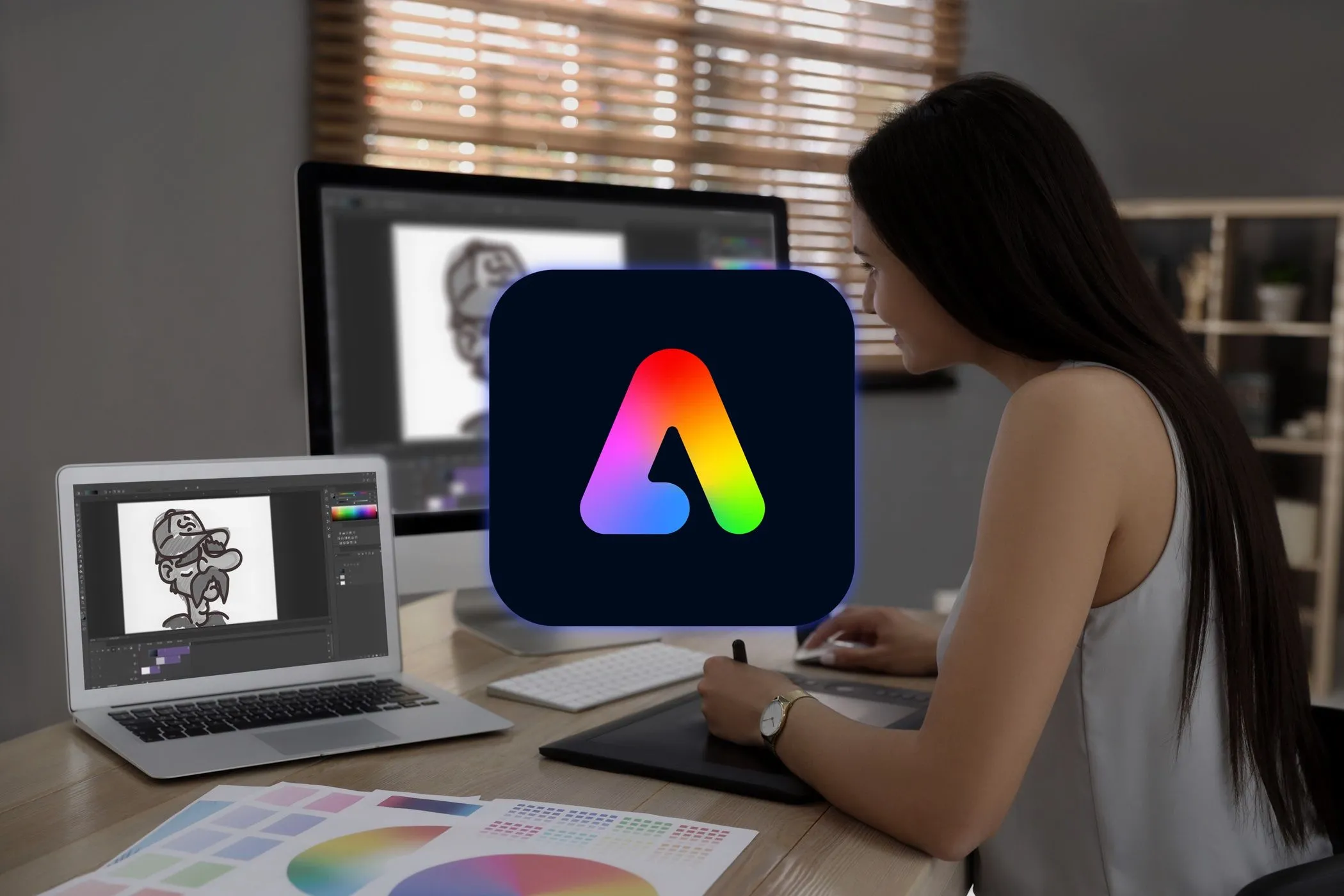 Người phụ nữ đang làm việc trên laptop với các công cụ thiết kế đồ họa và logo Adobe Express, minh họa việc sử dụng AI để chỉnh sửa ảnh hàng loạt.