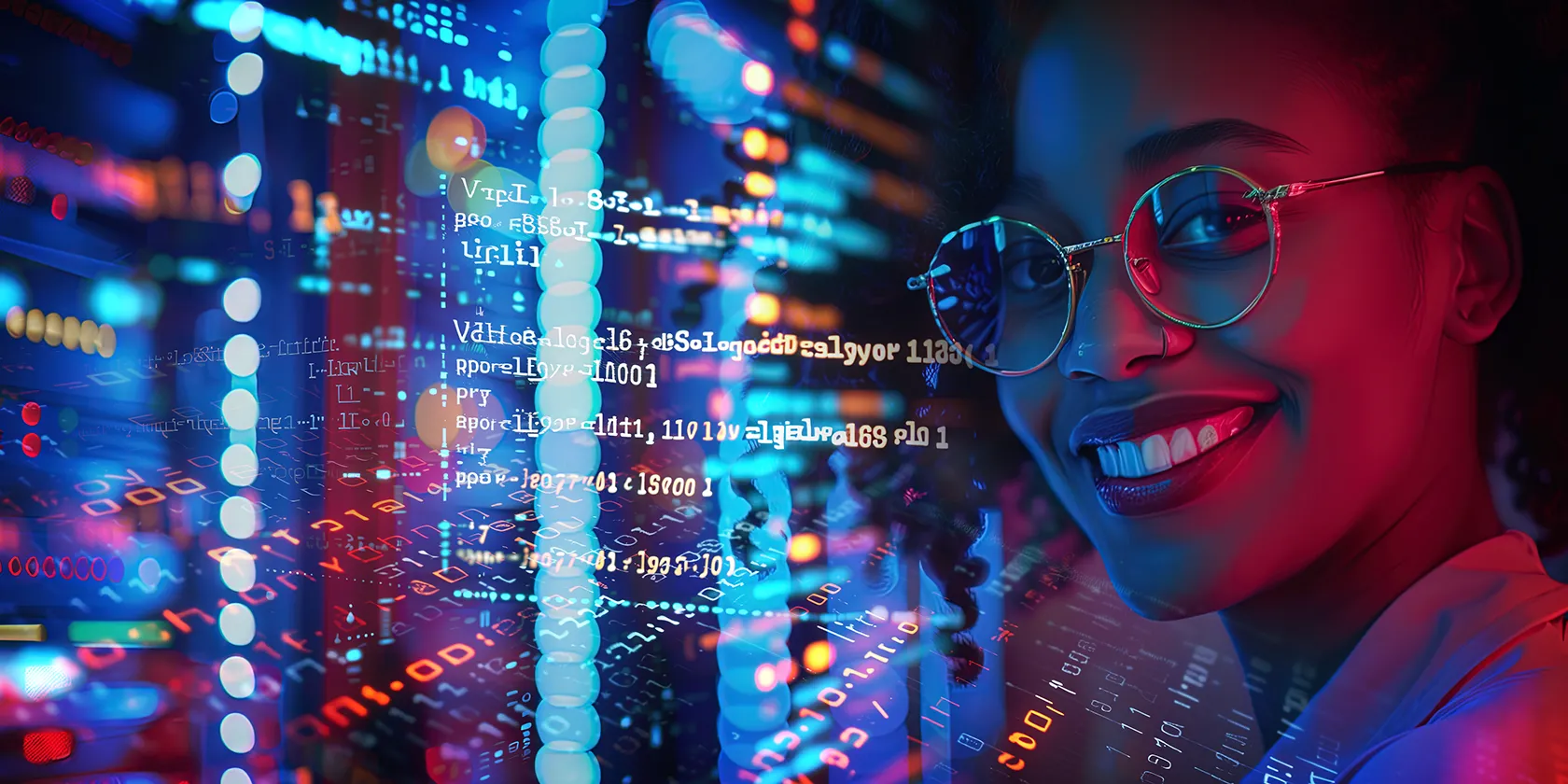 Người phụ nữ làm việc trên máy tính với giao diện lập trình và mã code phức tạp