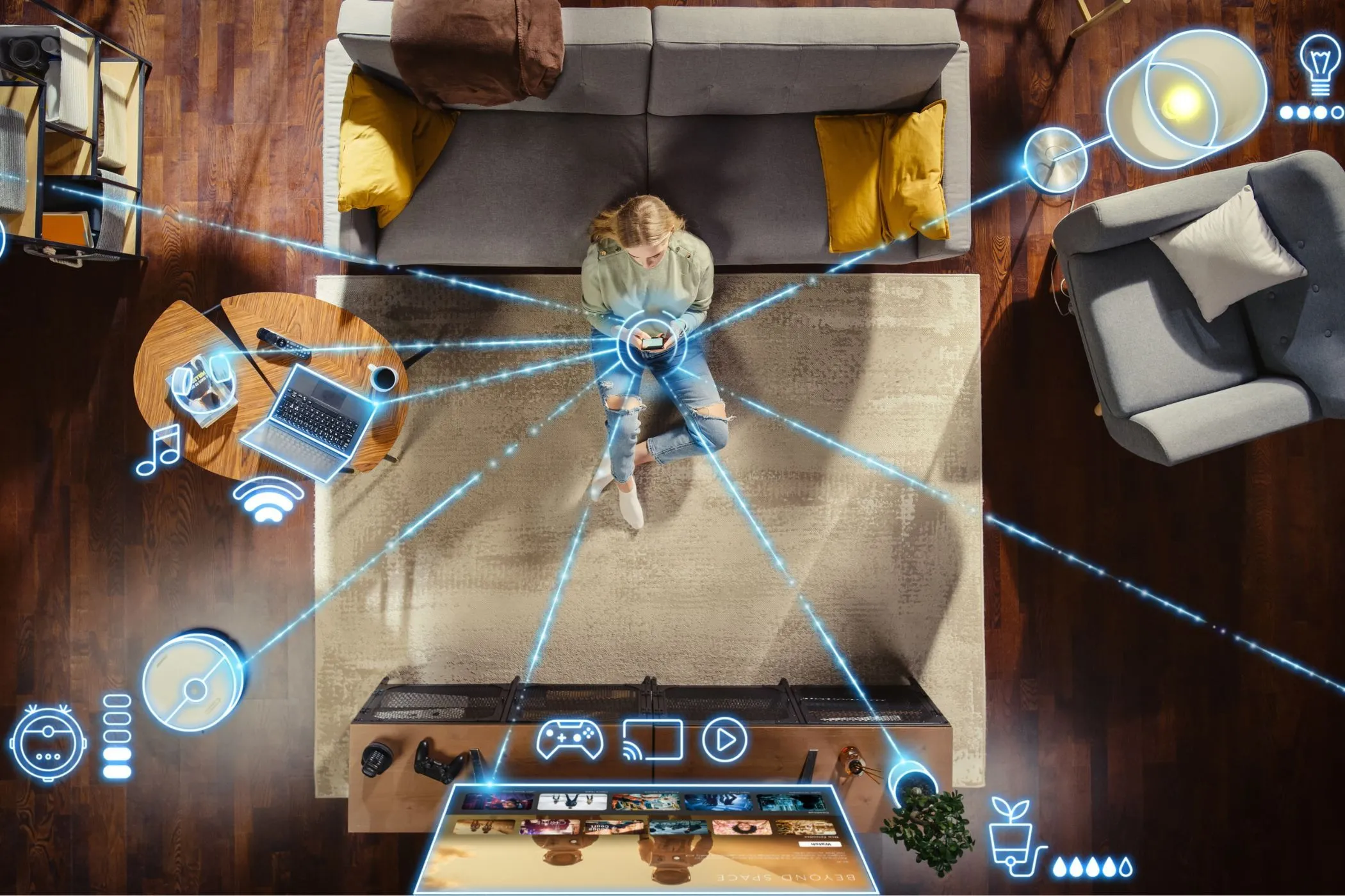 Người phụ nữ quản lý các thiết bị nhà thông minh kết nối Wi-Fi, minh họa việc nhiều thiết bị có thể tiêu tốn băng thông mạng.